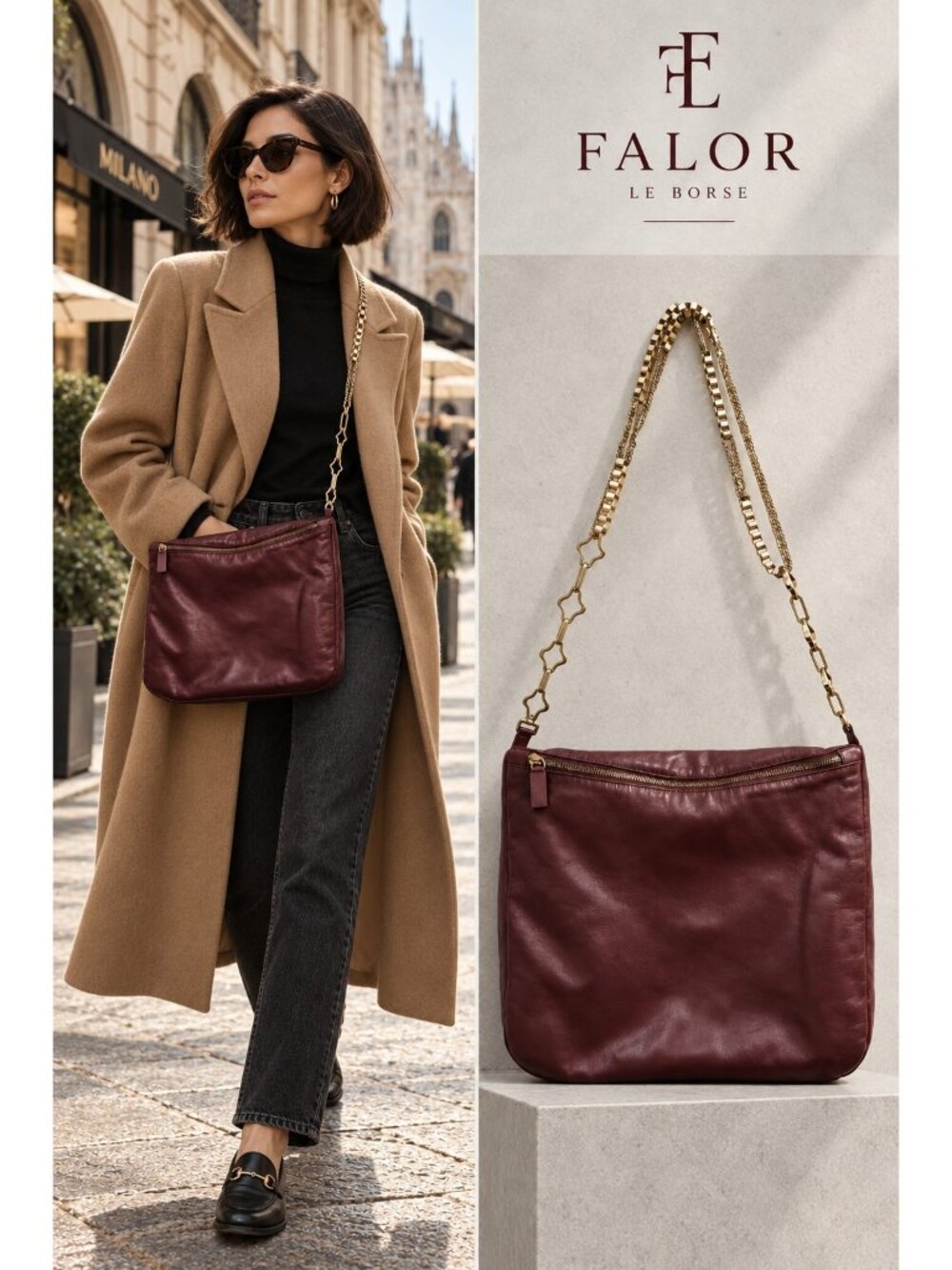 FALOR Le Borse Burgundy Leather Shoulder Bag Gold Chain Made in Italy